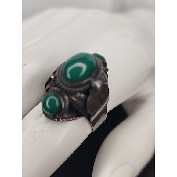 TAXCO 925 Sterling Silver Green Onyx Adjustable Poison Secret Ring jade Vintage - Picture 3 of 10